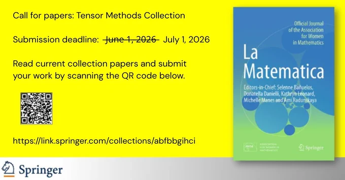Graphic and text against a bright yellow background with a call for papers for Tensor Methods Collection with submission deadline extended to July 1, 2026, including QR code and the Springer submission link: https://link.springer.com/collections/abfbbgihci. Graphic also contains a photo of the cover of the La Matematica journal on the right, and the Springer logo at the bottom left corner against a gray gradient.