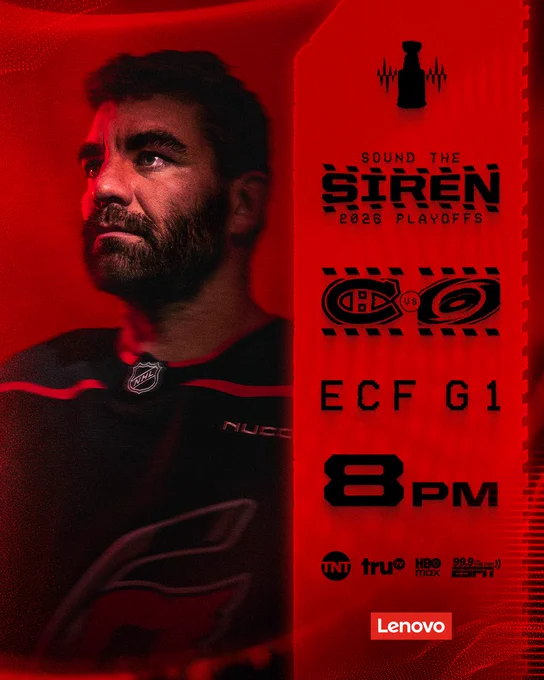 Graphic promoting tonight's game information featuring Jordan Martinook 

ECF Game 1 | Canes vs Canadiens - 8 PM 
Tune in - TNT, truTV, HBOmax, 99.9 The Fan