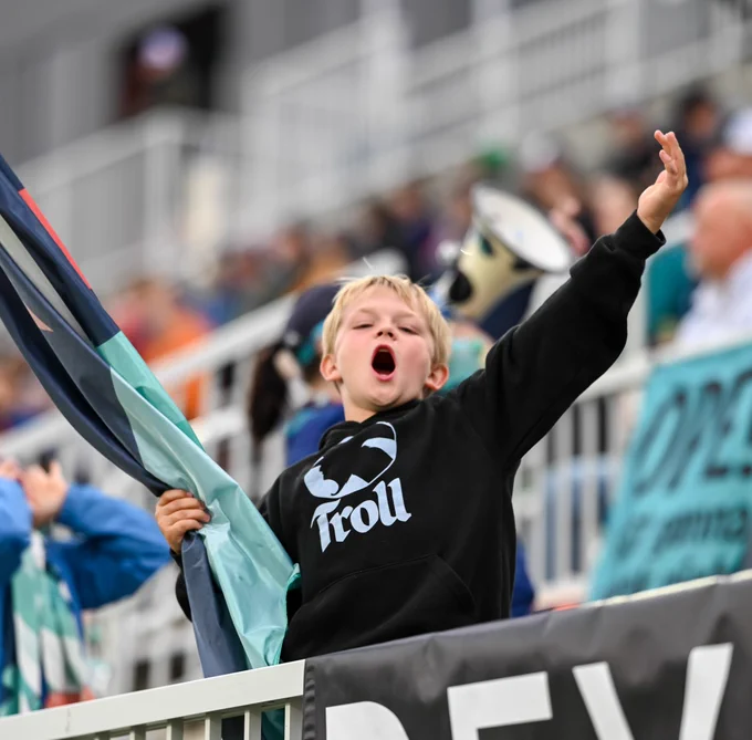 A person enthusiastically cheering in a stadium, holding a large flag. They are wearing a black hoodie with "Troll" printed on it. A blurred crowd is visible in the background, with someone holding a megaphone.
