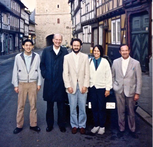 U.S. Naval Research Laboratory scientists, from left, Yi-Ming Wang, Neil Sheeley, Ken Dere, Ana Nash and Ken Widing attend the Solar Wind Seven workshop in Goslar, Germany, in September 1991. The photo was taken by Don Michels, who coordinated international efforts for the Large Angle Spectrometric Coronagraph (LASCO), which launched aboard the Solar and Heliospheric Observatory (SOHO) on Dec. 2, 1995, and remains in operation. (Photo courtesy of Don Michels/U.S. Naval Research Laboratory)