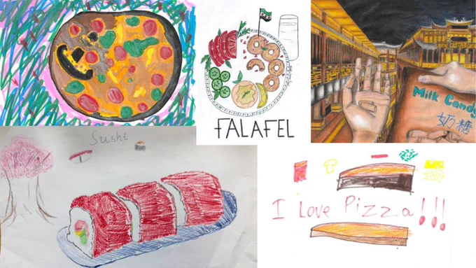 A collage of colorful, hand-drawn food-themed artwork. In the top left, a crayon drawing of a pizza with bright toppings sits inside a green and purple scribbled background. In the center, a neatly illustrated plate labeled “FALAFEL” shows falafel balls, sliced cucumbers, tomatoes, and a glass of water. On the top right, a detailed drawing of a nighttime street scene with traditional-style buildings features a hand holding a package labeled “Milk Candy” with Chinese characters. In the bottom left, a crayon drawing labeled “Sushi” shows several red sushi rolls on a blue tray with small decorative elements like trees in the background. In the bottom right, a simple drawing of pizza slices appears above the handwritten text “I love pizza!!!”.