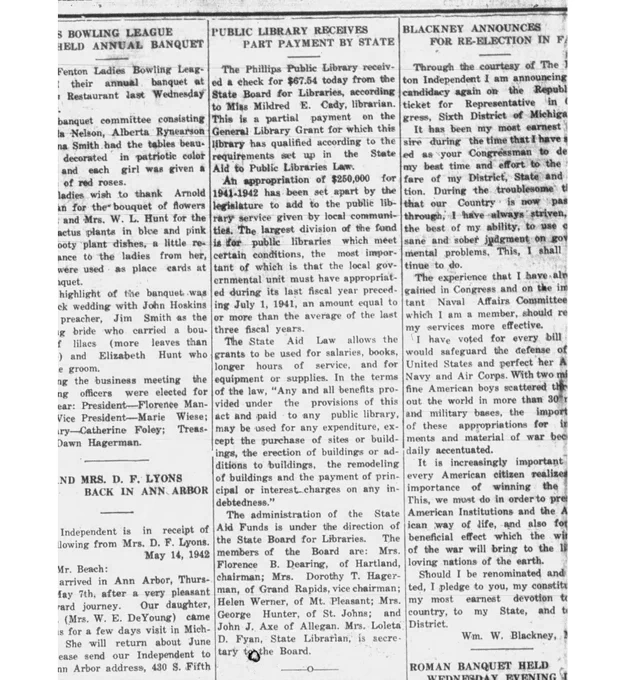Text article describing the process of state aid for Michigan public libraries from the State of Michigan. It discusses the qualifications for state aid and who administers the funds.