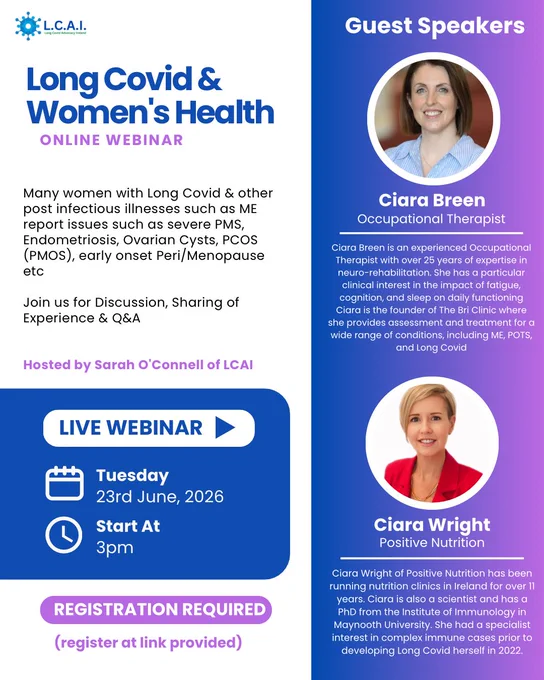 Many women with Long Covid experience issues such as endometriosis,PMOS, ovarian cysts, severe PMS etc.  Join us for a discussion on this issue. Guest Speakers are Ciara Breen OT and Ciara Wright of Positive Nutrition 