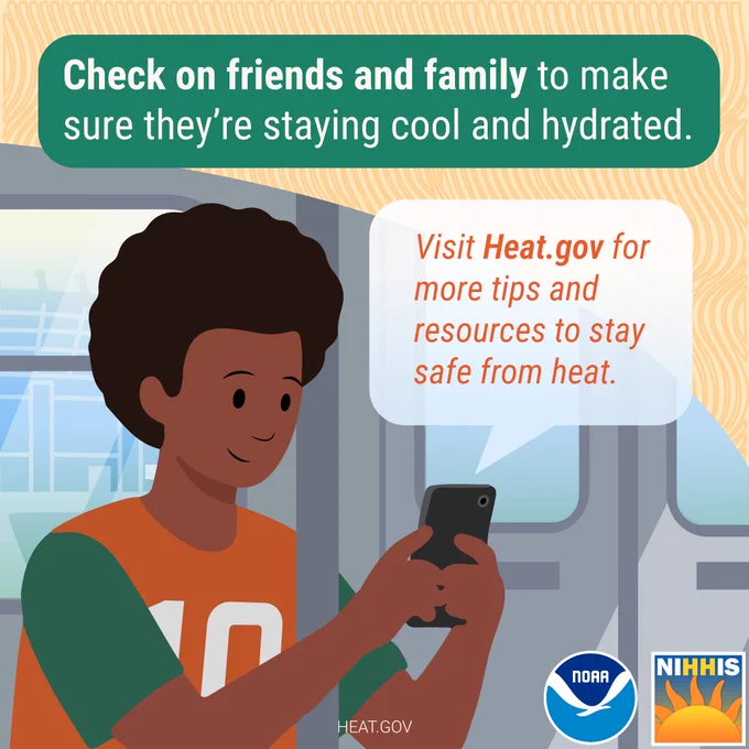 Illustration of a woman on a bus as she heads to a sports games with a stadium visible through the bus window. She is looking at her phone to check for heat alerts. Her shirt is orange with green sleeves. The text says, "Check on friends and family to make sure they're staying cool and hydrated. Visit Heat.gov for more tips and resources to stay safe from heat." 