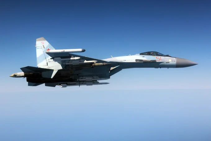 A Russian Su-35, seen here alongside an RAF Rivet Joint aircraft over the Black Sea.