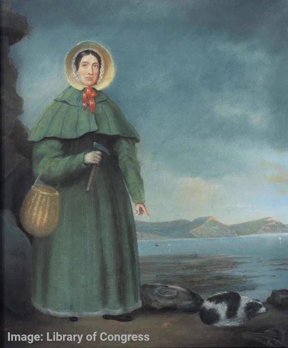 A painting of Mary Anning. She is standing beside a small black and white dog. She is dressed in early 19th century attire with a bonnet and long green dress. 