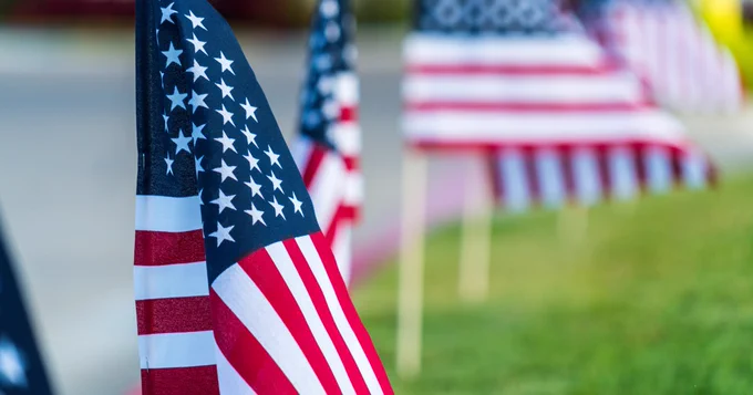 An American flag is positioned on a lawn on a stick, with other American flags lined up behind it in a blurred background.