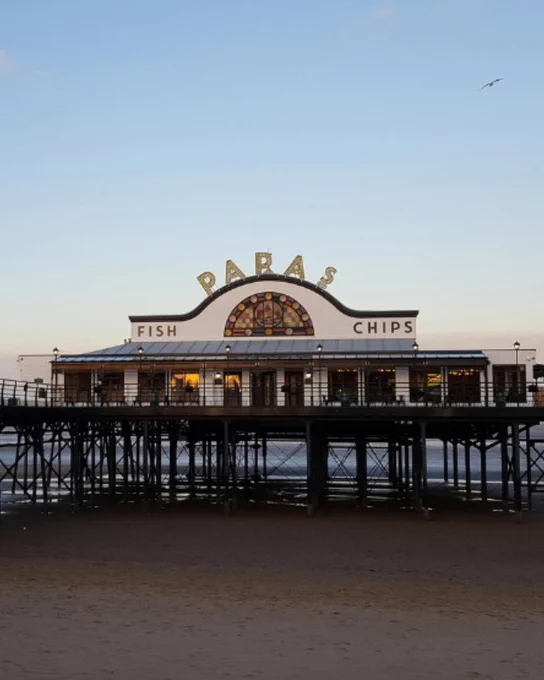 A fish and chip shop on a pier in Cleethorpes