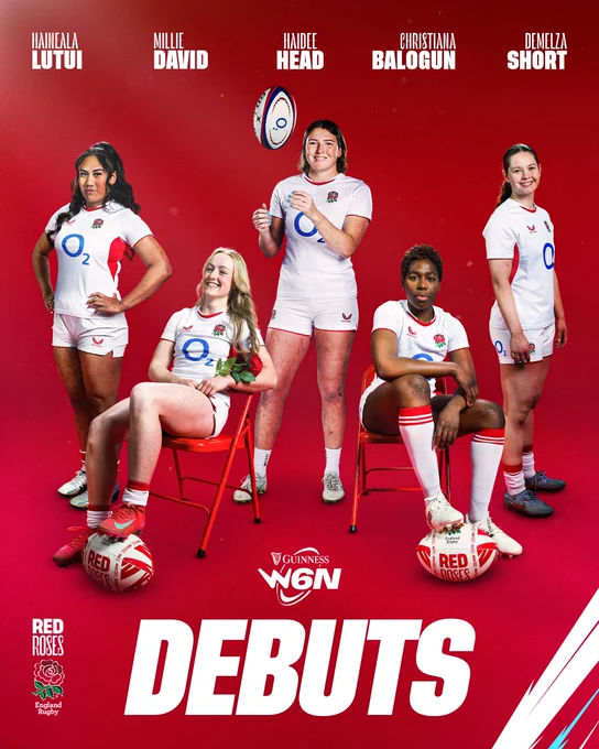 Guinness Women's Six Nations debuts: Haineala Lutui, Millie David, Haidee Head, Christiana Balogun, Demelza Short.