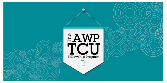 White pennant with AWP TCU Fellowship Program on a teal background patterned with concentric white circles