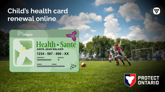 A child’s health card with an image of children playing soccer in the background. Text: Child’s health card renewal online