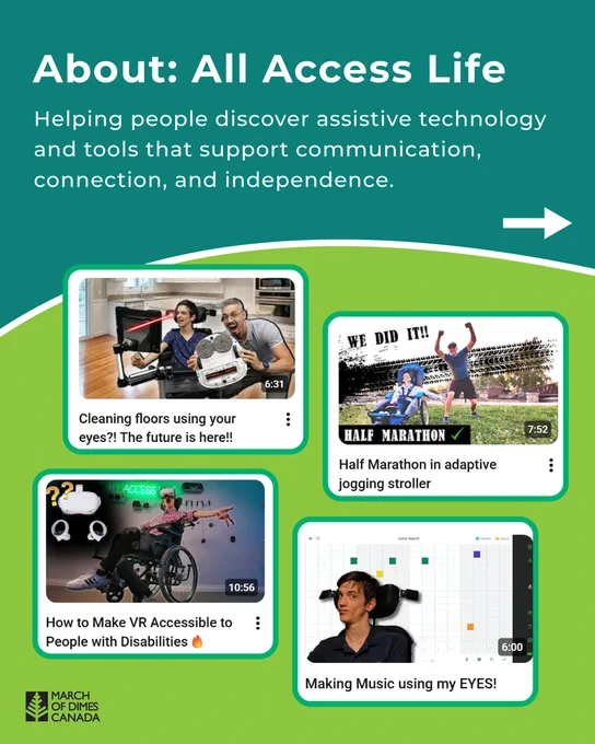 Graphic introducing All Access Life. Includes screenshots of videos about assistive technology, adaptive sports, accessibility tools, and communication technology. Text explains that All Access Life helps people discover tools that support communication, connection, and independence. 