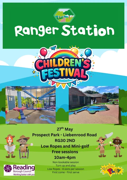 Poster for a Children's Festival at Ranger Station, featuring low ropes and mini-golf on 27th May at Prospect Park.