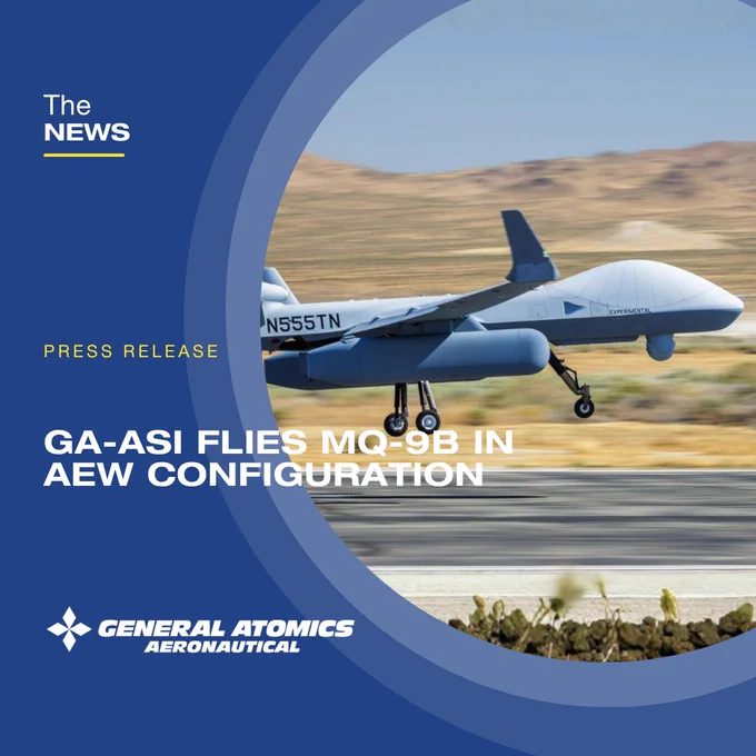 MQ-9B remotely piloted aircraft system in airborne early warning configuration flying over a desert landscape during takeoff.