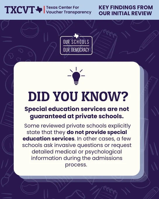 This image features key findings from the initial review of the Texas Center for Voucher Transparency. The post is a graphic with a lightbulb icon, reading: "Did you know? Special education services are not guaranteed at private schools.

 Some reviewed private schools explicitly state that they do not provide special education services. In other cases, a few schools ask invasive questions or request detailed medical or psychological information during the admissions process."
