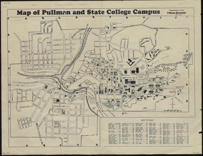 A road map of Pullman and the State College Campus from 1950.