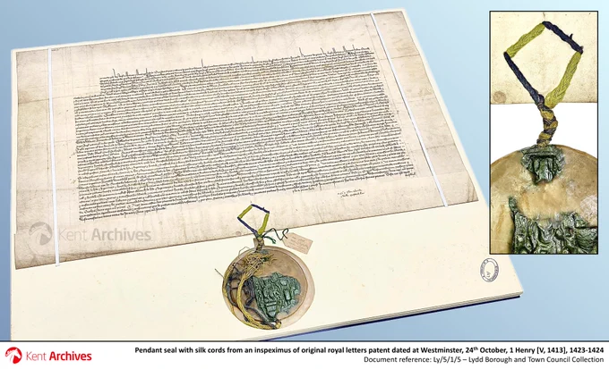 Shown here is a pendant seal with silk cords from an inspeximus of original royal letters patent dated at Westminster, 24th October, 1 Henry [V, 1413], 1423-1424 [ref. Ly/5/1/5]

About the talk:
What comes to mind first, at first glance of an ancient document or book? That it’s an incredible survivor? That the handwriting is tiny, beautiful, or in an unfamiliar language? That it may be embellished with illuminated letters with gorgeous colours of deep pigments and burnished gold? That there’s a surviving seal or even multiple seals?
For the textile lover however, focus on these wonderful things can fade when encountering the tantalising addition of an original ribbon, braid or embroidered seal bag and the thoughts of how, where, and by whom it was made.

Sue Lamberton is an independent scholar with a particular interest in the silkwomen of London, who demonstrates, teaches and makes silk textiles for museums and historic sites, the performing arts industry and living history.