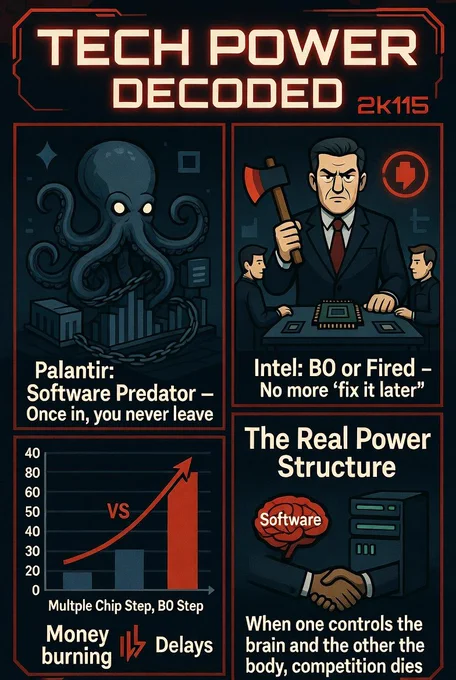A four-panel infographic titled "TECH POWER DECODED" by 2k115. It uses cartoons and a line graph to illustrate the ruthless mechanics of tech monopolies and execution: Palantir's inescapable vendor lock-in, Intel's brutal production pressure ("B0 or Fired"), and the cold financial math behind corporate power.

