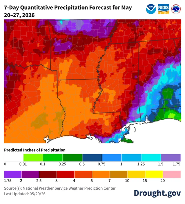 A map of the South-Central United States showing the 7-Day Quantitative Precipitation Forecast for May 19–26, 2026, with the heaviest rainfall of 4 to 10 inches projected across eastern Texas and Louisiana. Lighter precipitation gradients down to less than 0.1 inches extend northward and westward across Oklahoma, Kansas, New Mexico, and Colorado, with tribal nation boundaries explicitly outlined.