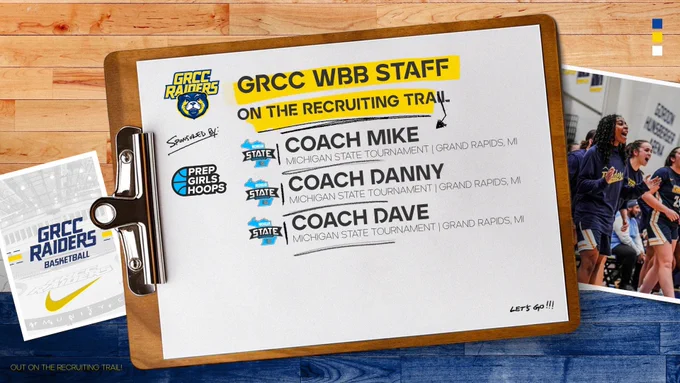 Graphic listing the AAU event the GRCC Women’s Basketball Staff will be attending from 05.23.2026 thru 05.24.2026