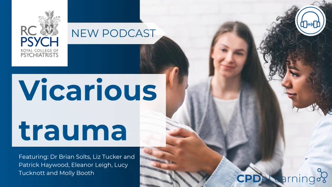 Graphic titled 'new podcast: vicarious trauma', with an image of someone being comforted in a group therapy-style environment.