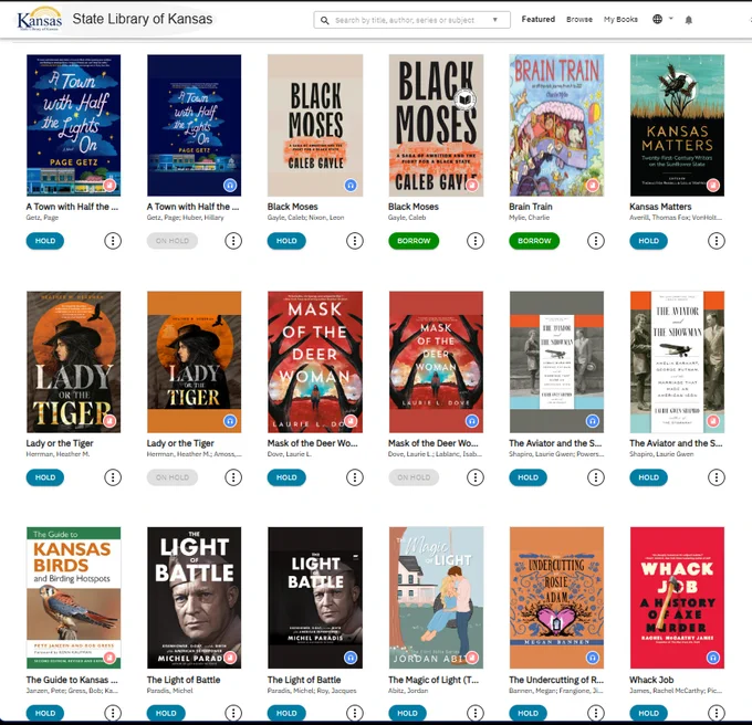 Screenshot of CloudLibrary shelf of 2026 Kansas Notable Books as digital books and audiobooks