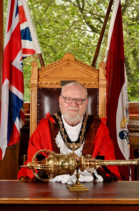 Cllr Stephen Little as Mayor of St Helens Borough sat in Mayor's Parlour.