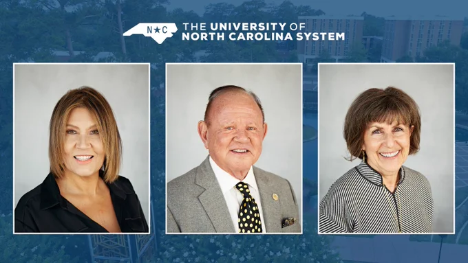 Three professional headshots of UNC Board of Governors members displayed side by side against a blue background with the University of North Carolina System logo above.