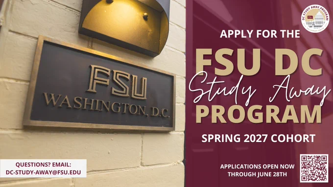 Apply for the FSU DC Study Away program Spring 2027 cohort! Applications open NOW through June 28th. Questions? Email DC-STUDY-AWAY@FSU.EDU https://career.fsu.edu/dc-study-away-program

