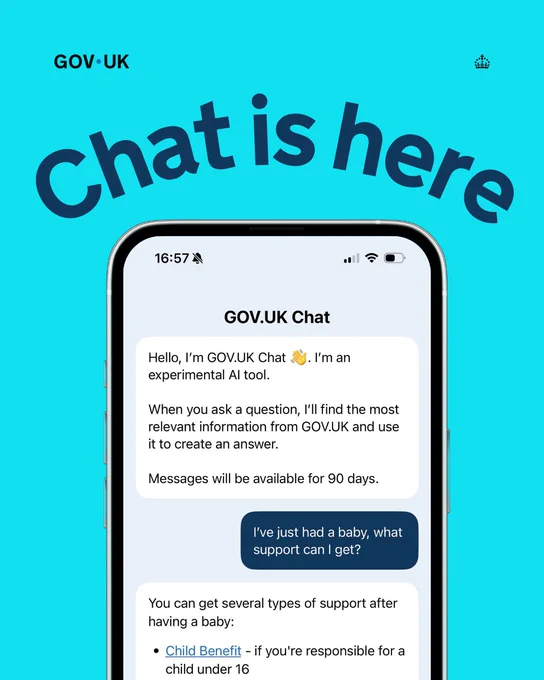 A smartphone displaying the GOV.UK Chat interface, which is an experimental AI tool. The screen shows a chat about available support after having a baby, mentioning "Child Benefit." The background is light blue with the text "Chat is here" prominently displayed.