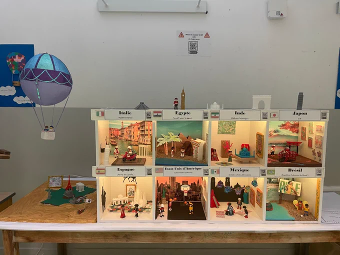 Maquette réalisée par des élèves représentant différents pays du monde sous forme de petites scènes (Italie, Égypte, Inde, Japon…), avec des figurines et des décors, accompagnée d’une montgolfière suspendue sur le côté.