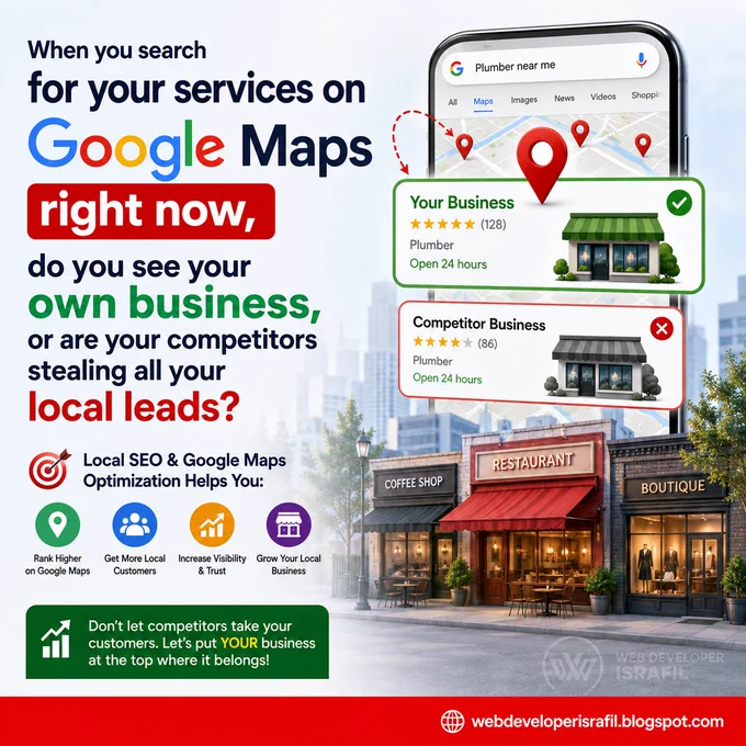 📍 When you search for your services on Google Maps right now, do you see your own phone number, or are your competitors stealing all your local leads?

Every day, potential customers are searching for businesses like yours on Google Maps.
The real question is — are they finding YOU, or calling someone else instead?

If your business is not showing in the top local results, you are silently losing:
✔️ Calls
✔️ Website visits
✔️ Walk-in customers
✔️ Trust
✔️ Sales opportunities

🚀 A properly optimized Google Business Profile and Local SEO strategy can help your business appear where customers are already searching.

💡 Why does this matter?
Because most people never scroll past the top map results. They click, call, and buy from businesses they see first.

🔍 What can improve your local visibility?
✅ Google Business Profile Optimization
✅ Local SEO & Citation Building
✅ Keyword Targeting
✅ Review Strategy
✅ Fast & SEO-Friendly Website
✅ Accurate Business Information Everywhere Online