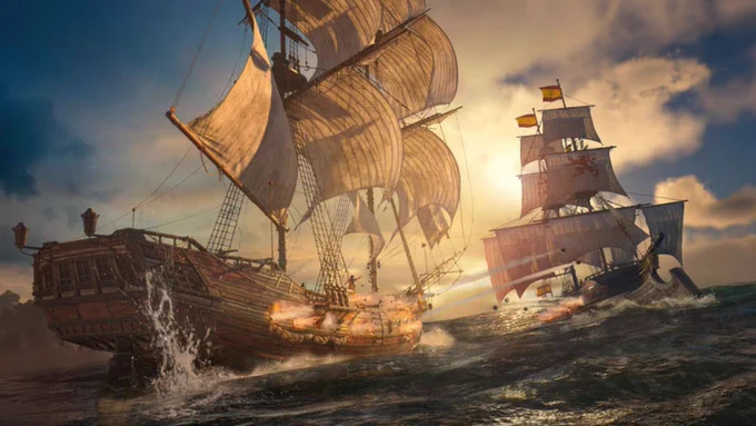 an image of a pirate galleon fighting a Spanish warship in the Caribbean of Assassin's Creed Black Flag Resynced