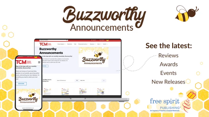 Promotional image for Buzzworthy Announcements with a bee and honeycomb imagery. A screenshot of the Buzzworthy page on the website on desktop and mobile is shown.