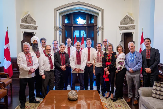 Prime Minister Carney and Members of Parliament wear vyshywankas in Ottawa, Ontario.