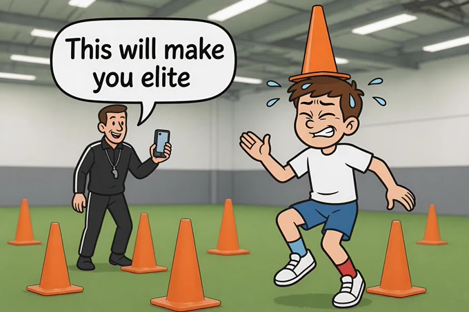 A trainer taking an athlete through overly complicated cone drills while recording them.