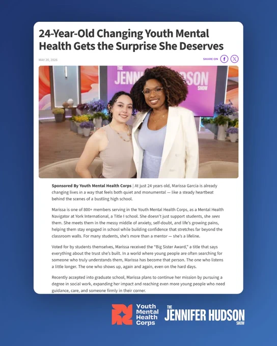"Two people standing together and smiling on the set of 'The Jennifer Hudson Show.' The background features bright lights and the show's logo. A headline reads, '24-Year-Old Changing Youth Mental Health Gets the Surprise She Deserves.' The image includes logos for 'Youth Mental Health Corps' and 'The Jennifer Hudson Show.'"
