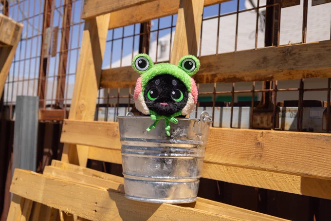 A photo of the Little Kitty plush wearing the plush Frog Hat from our Little Kitty, Big City Deluxe Edition for Nintendo Switch. The plush is outdoors in the sun, sitting in a tiny metal bucket. 