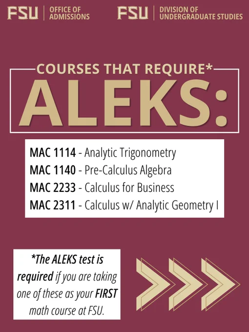 Promotional flyer for Florida State University highlighting courses requiring the ALEKS test: MAC 1114 (Analytic Trigonometry), MAC 1140 (Pre-Calculus Algebra), MAC 2233 (Calculus for Business), and MAC 2311 (Calculus with Analytic Geometry I). Test required if it's the student's first math course at FSU.