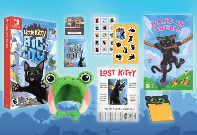 An image showing the components of the Little Kitty, Big City Deluxe Edition against a simple blue cityscape. There's a deluxe edition box, a plush frog hat for cats, a "Lost Kitty" mini-poster, a "Hang in There!" poster, two kiss-cut sticker sheets, a pad of sticky notes, a 16-page mini-manual, and a digital download code for a copy of the game's soundtrack. 