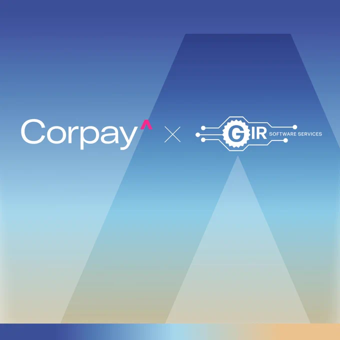 Blue to yellow gradient image with Corpay's logo and GIR software services' logo to indicate their partnership.