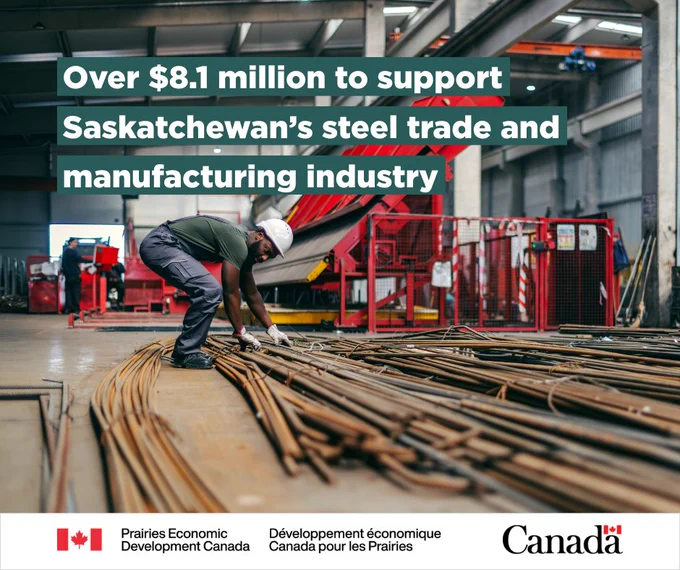A man wearing a hard hat is bent over inspecting steel rods in a large warehouse, with text: “Over $8.1 million to support Saskatchewan’s steel trade and manufacturing industry”.