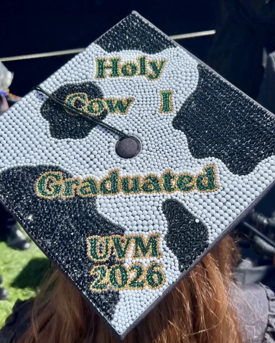 Graduation cap decorated with a black and white cow pattern and the words "Holy Cow I Graduated UVM 2026" written in green and gold.