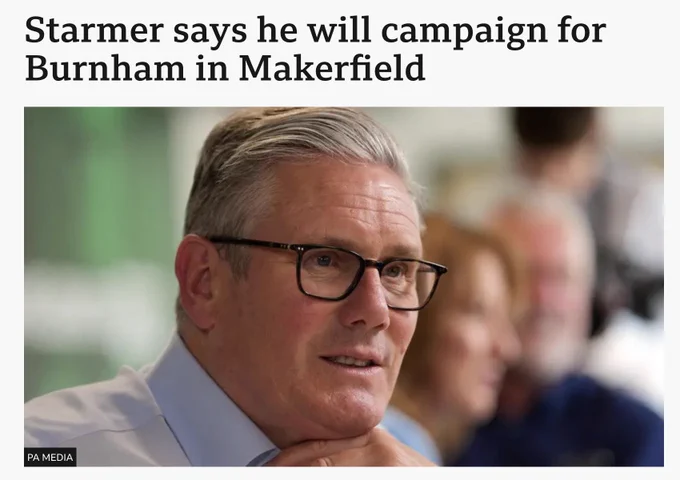 Headline: "Starmer says he will campaign for Burnham in Makerfield"
