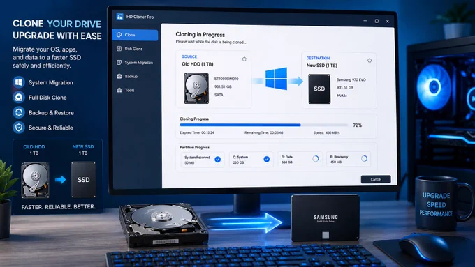 Computer screen shows disk cloning progress from HDD to SSD. Blue arrow and text highlight upgrade process. Mug reads "UPGRADE SPEED PERFORMANCE".