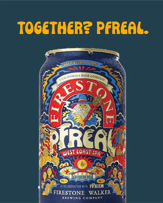 A can of Firestone Pfreal West Coast IPA is displayed against a blue background. The can features intricate colorful designs with the Firestone logo prominently at the top. The text at the top of the image reads, "Together? Pfreal.