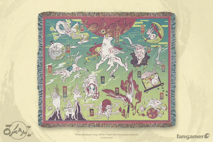 An image showing the Celestial Brush Gods throw blanket, part of our Okami 20th Anniversary collection. It's illustrated in an antique style reminiscent of the game itself, with characters of white, orange, and red on a yellow and blue-green background. 