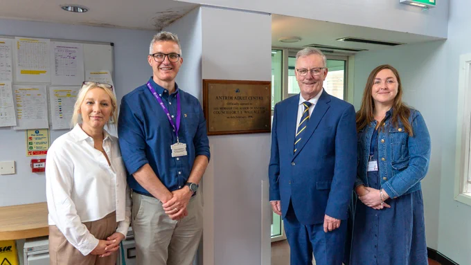 Health Minister Mike Nesbitt pictured with Clare Rolston, Senior Day Services Manager and Kelly Dougan, Registered manager of Antrim Adult Centre accompanied by Gareth Farmer, Assistant Director, Learning Disability Services, Northern HSC Trust.