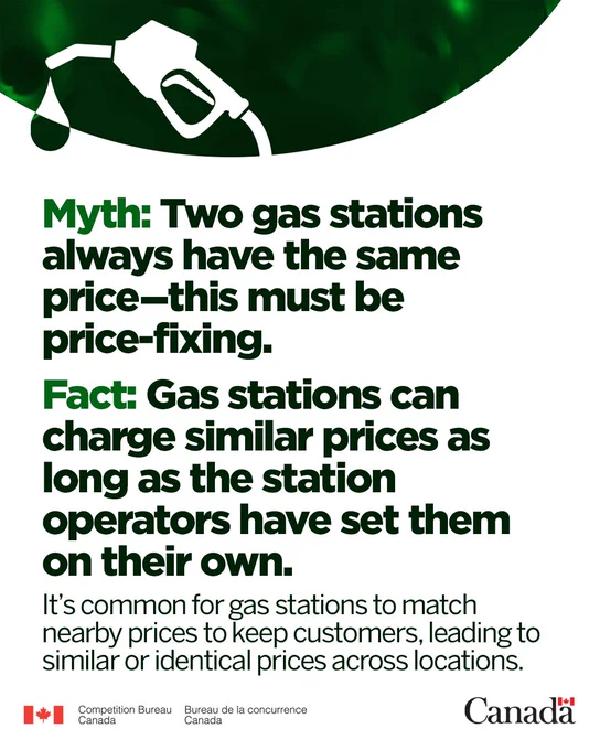 Text: Myth: Two gas stations always have the same price–this must be price-fixing.    
Fact: Gas stations can charge similar prices as long as the station operators have set them on their own.  
It’s common for gas stations to match nearby prices to keep customers, leading to similar or identical prices across locations. 
