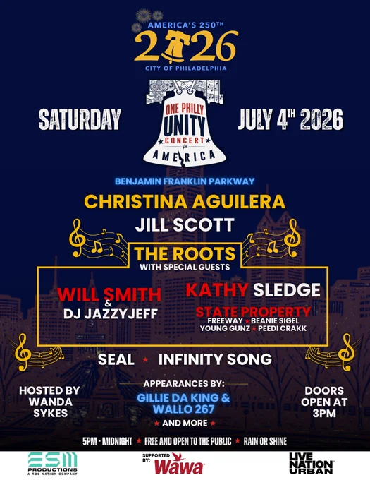 Lineup poster for the One Philly Unity Concert for America in Philadelphia on July 4th, 2026.
